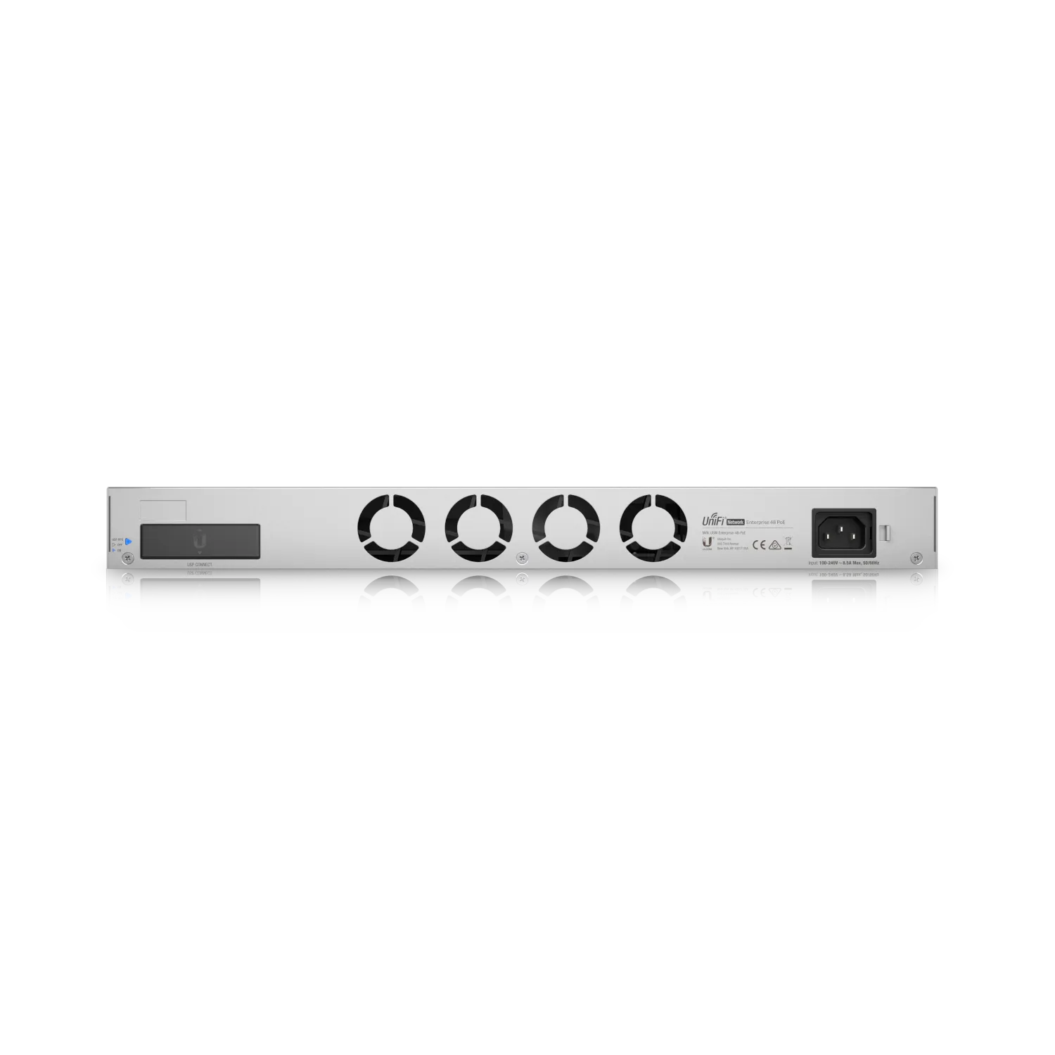 Ubiquiti UniFi Switch USW-Enterprise-48-PoE 720W, silver rack-mount network switch with LCD screen, ventilation grilles, Ubiquiti UniFi Switch USW-Enterprise-48-PoE 720W, silver rack-mount network switch with LCD screen, ventilation grilles,