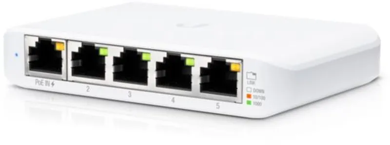 Ubiquiti UniFi Switch USW-Flex-Mini mit fünf Ethernet-Ports, blauer Power-LED und Link-Geschwindigkeitsanzeige in weißem