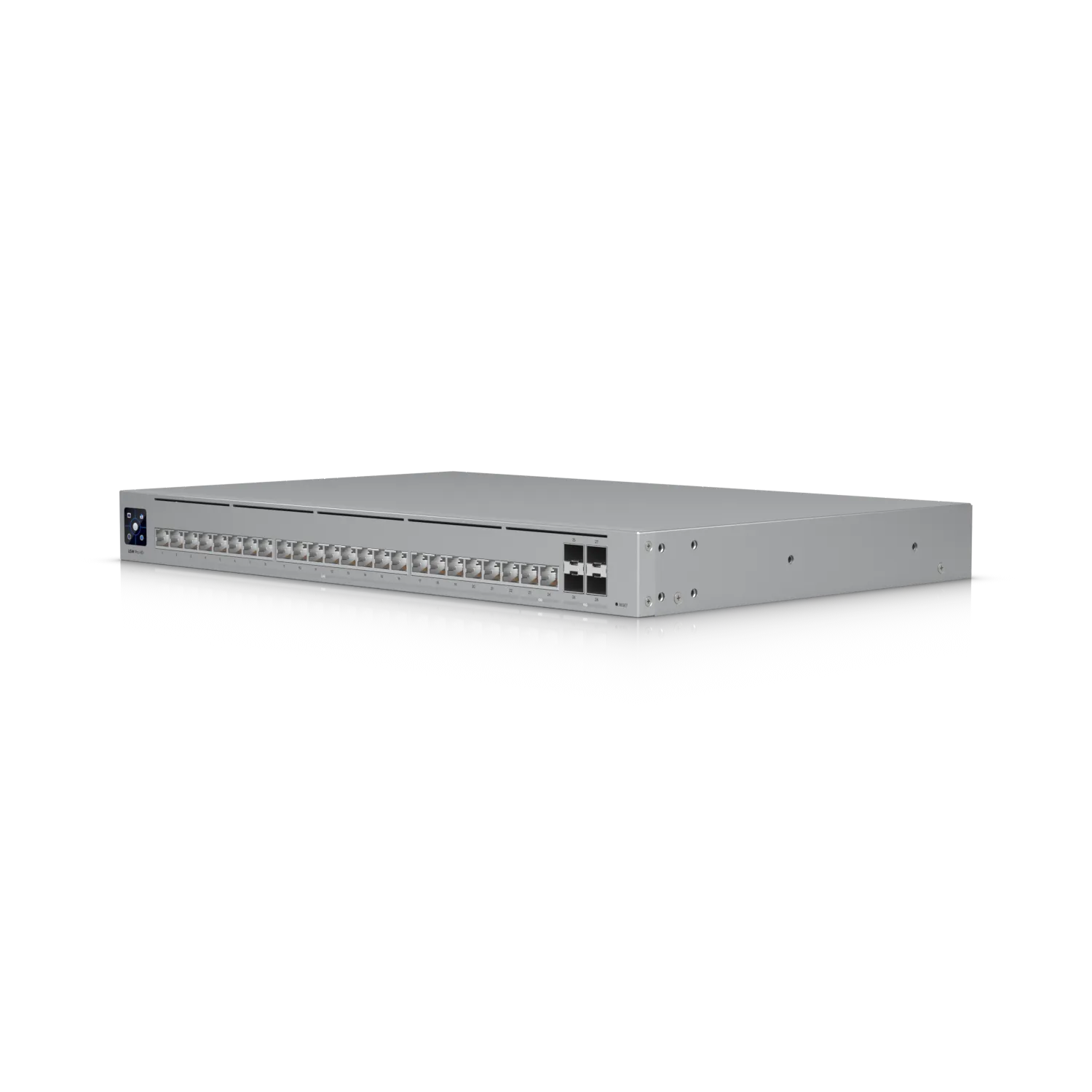 Ubiquiti UniFi Switch USW Pro HD 24 mit 24 Ethernet-Ports, 2 SFP+-Anschlüssen und Status-LED im Rack-Montage-Design vor Ubiquiti UniFi Switch USW Pro HD 24 mit 24 Ethernet-Ports, 2 SFP+-Anschlüssen und Status-LED im Rack-Montage-Design vor