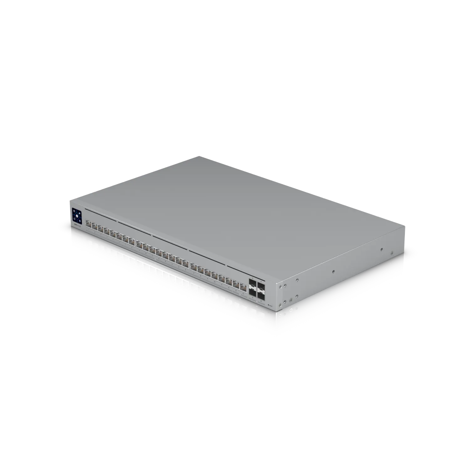 Ubiquiti UniFi Switch USW Pro HD 24 mit 24 Ethernet-Ports, SFP+-Anschlüssen und Display in silbernem Rackmount-Gehäuse vor Ubiquiti UniFi Switch USW Pro HD 24 mit 24 Ethernet-Ports, SFP+-Anschlüssen und Display in silbernem Rackmount-Gehäuse vor