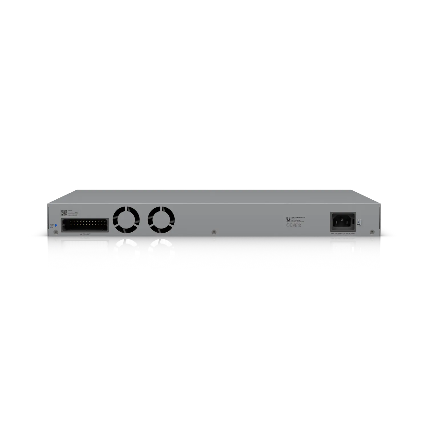 Ubiquiti UniFi Switch USW Pro HD 24 Rückansicht mit Ethernet-Ports, Lüftungsgittern und Stromanschluss im Ubiquiti UniFi Switch USW Pro HD 24 Rückansicht mit Ethernet-Ports, Lüftungsgittern und Stromanschluss im