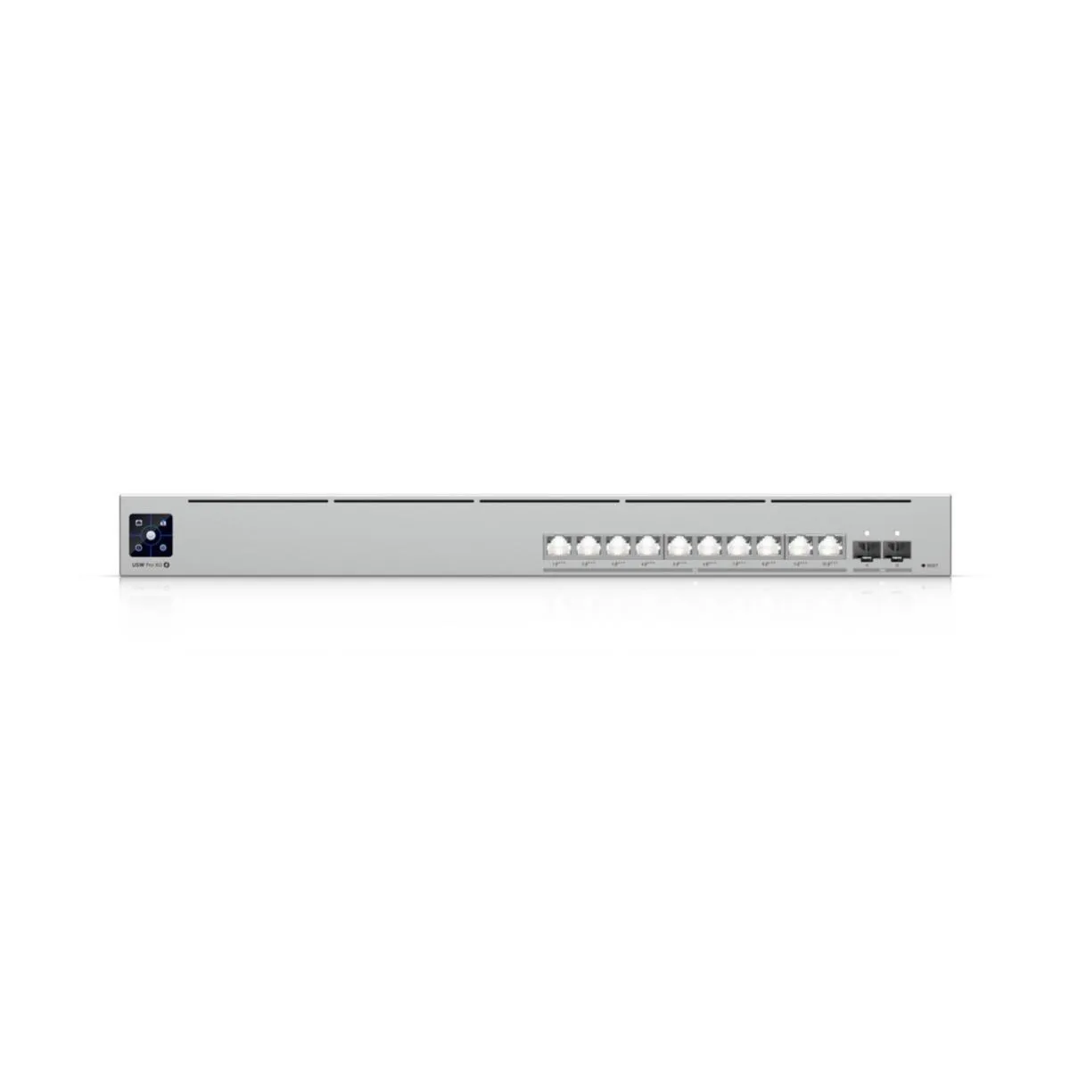 Ubiquiti UniFi Switch USW-Pro-XG-10-PoE 400W mit 8 SFP+- und 2 RJ45-Ports in silbernem Rackmount-Gehäuse mit Status-LED und
