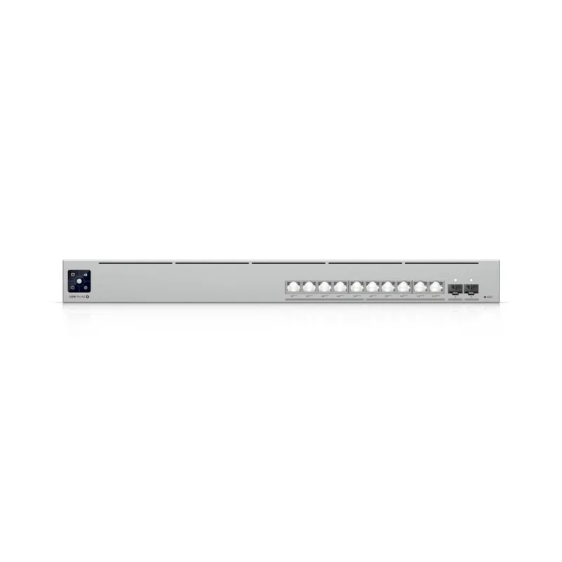 Ubiquiti UniFi Switch USW-Pro-XG-10-PoE 400W mit 8 SFP+- und 2 RJ45-Ports in silbernem Rackmount-Gehäuse mit Status-LED und