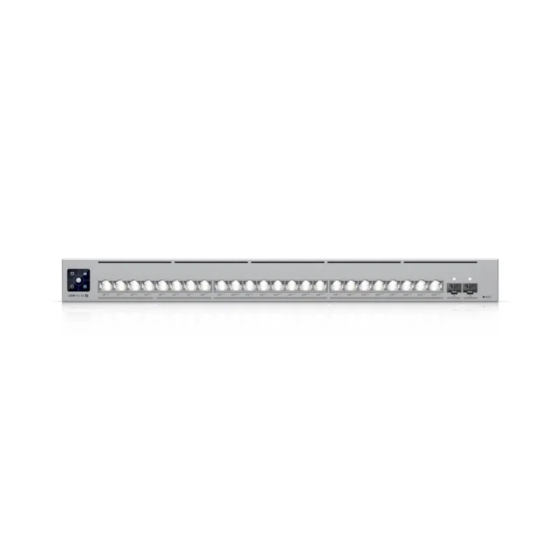 Ubiquiti UniFi Switch USW-Pro-XG-24-PoE 720W, silbernes Rackmount-Netzwerkgerät mit 24 Ports und Touchscreen für