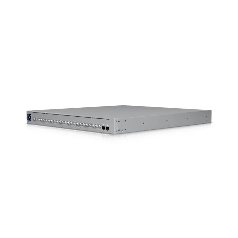 Ubiquiti UniFi Switch USW-Pro-XG-24 with 24 SFP+ ports and management ports in a silver rack-mount design for