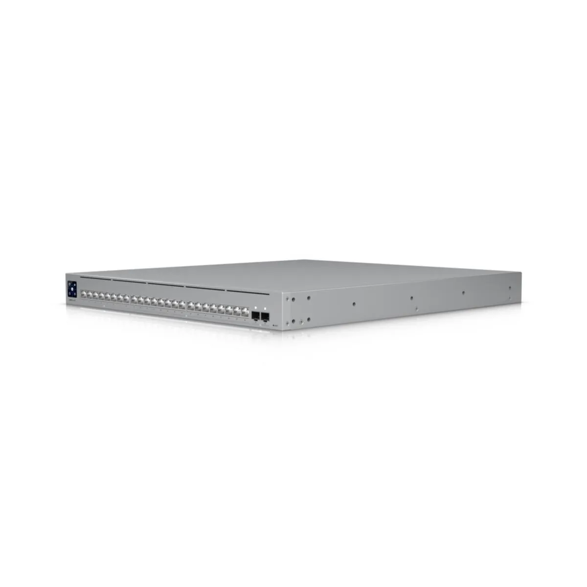 Ubiquiti UniFi Switch USW-Pro-XG-24 mit 24 SFP+-Ports, silbernes Rackmount-Gerät in Frontansicht mit Status-LED und Ubiquiti UniFi Switch USW-Pro-XG-24 mit 24 SFP+-Ports, silbernes Rackmount-Gerät in Frontansicht mit Status-LED und