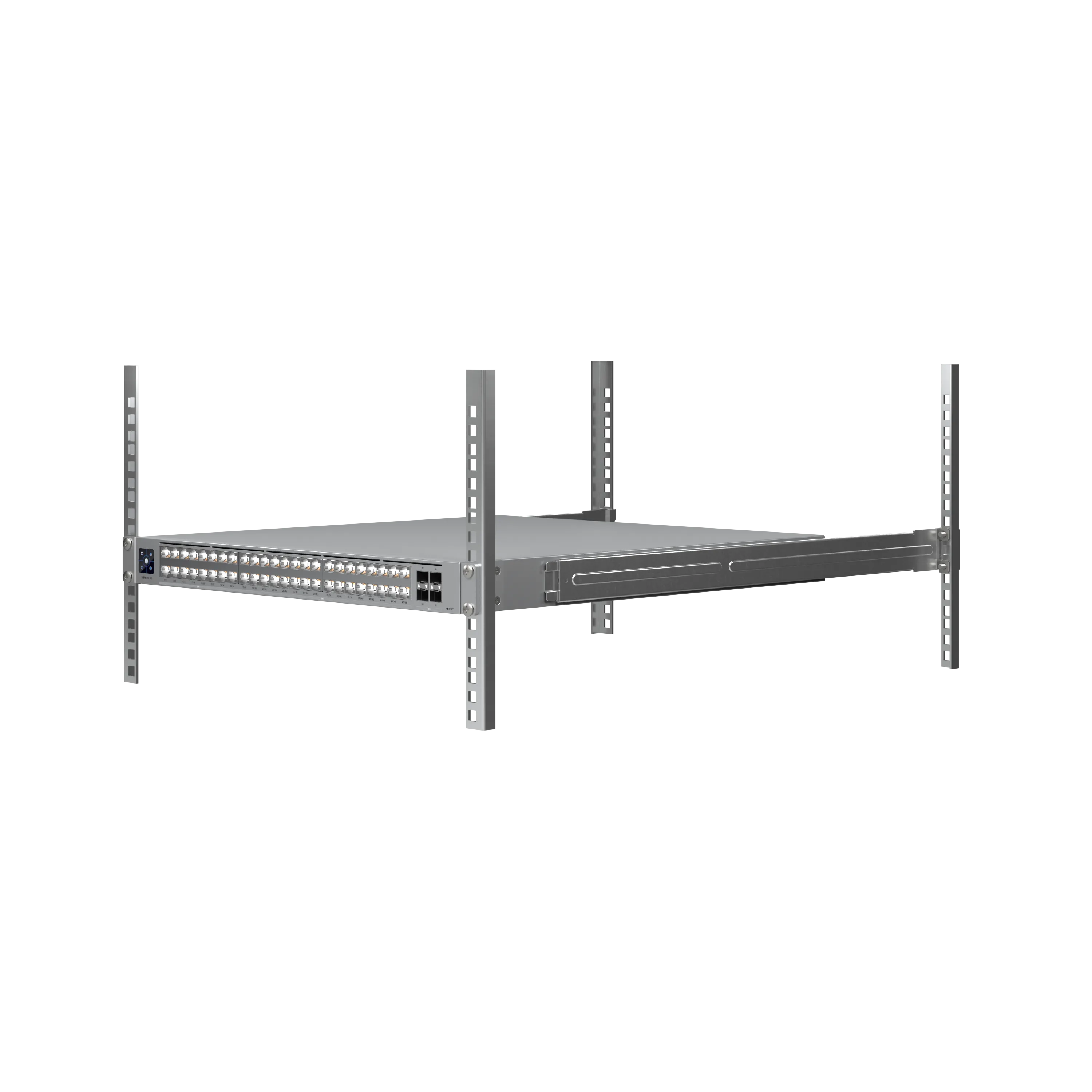 Commutateur réseau Ubiquiti UniFi USW-Pro-XG-48 avec 48 ports SFP+ et écran LCD monté en rack serveur noir. Commutateur réseau Ubiquiti UniFi USW-Pro-XG-48 avec 48 ports SFP+ et écran LCD monté en rack serveur noir.