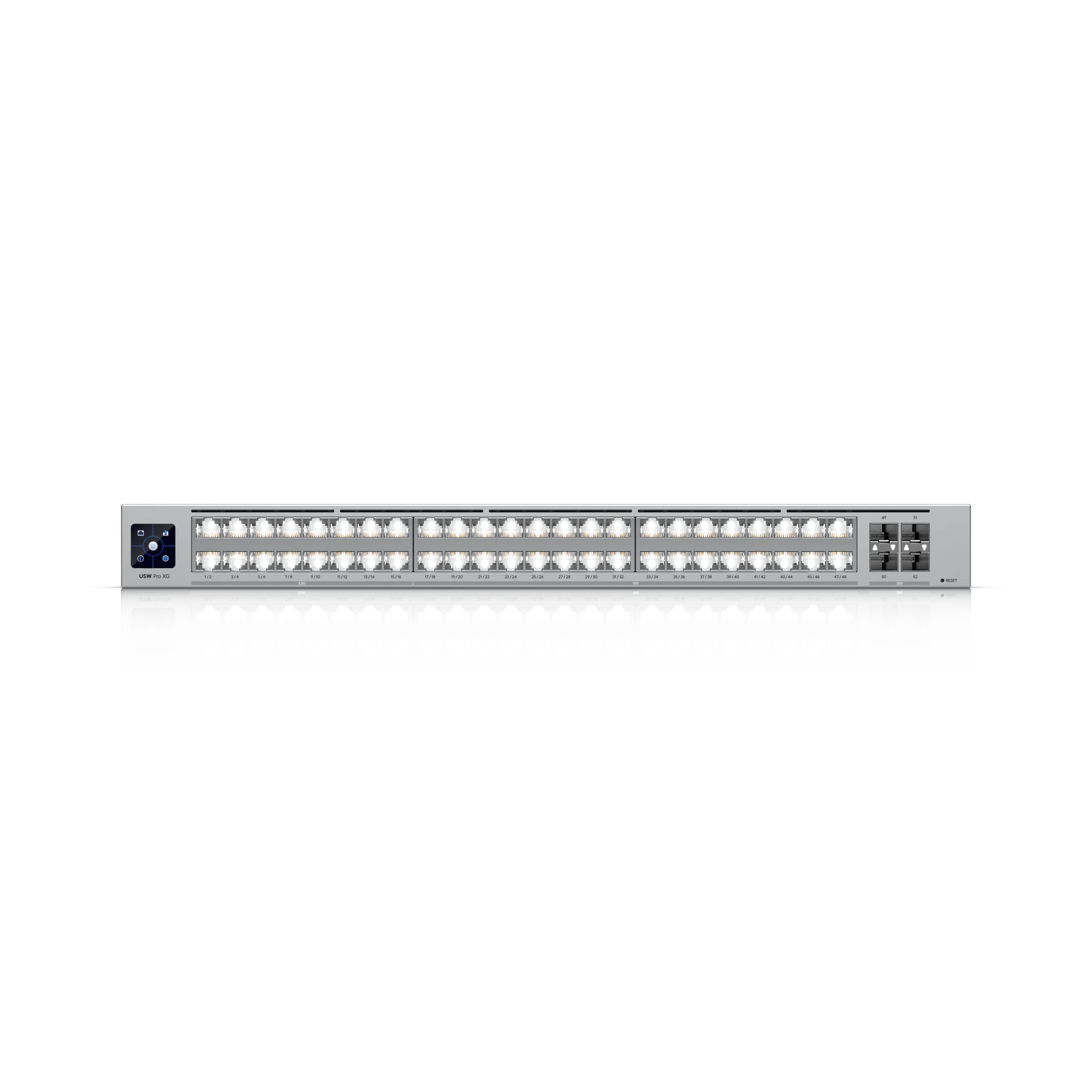Commutateur Ubiquiti UniFi USW-Pro-XG-48 empilés en rack avec 48 ports SFP+ et écran de contrôle sur fond noir. Commutateur Ubiquiti UniFi USW-Pro-XG-48 empilés en rack avec 48 ports SFP+ et écran de contrôle sur fond noir.
