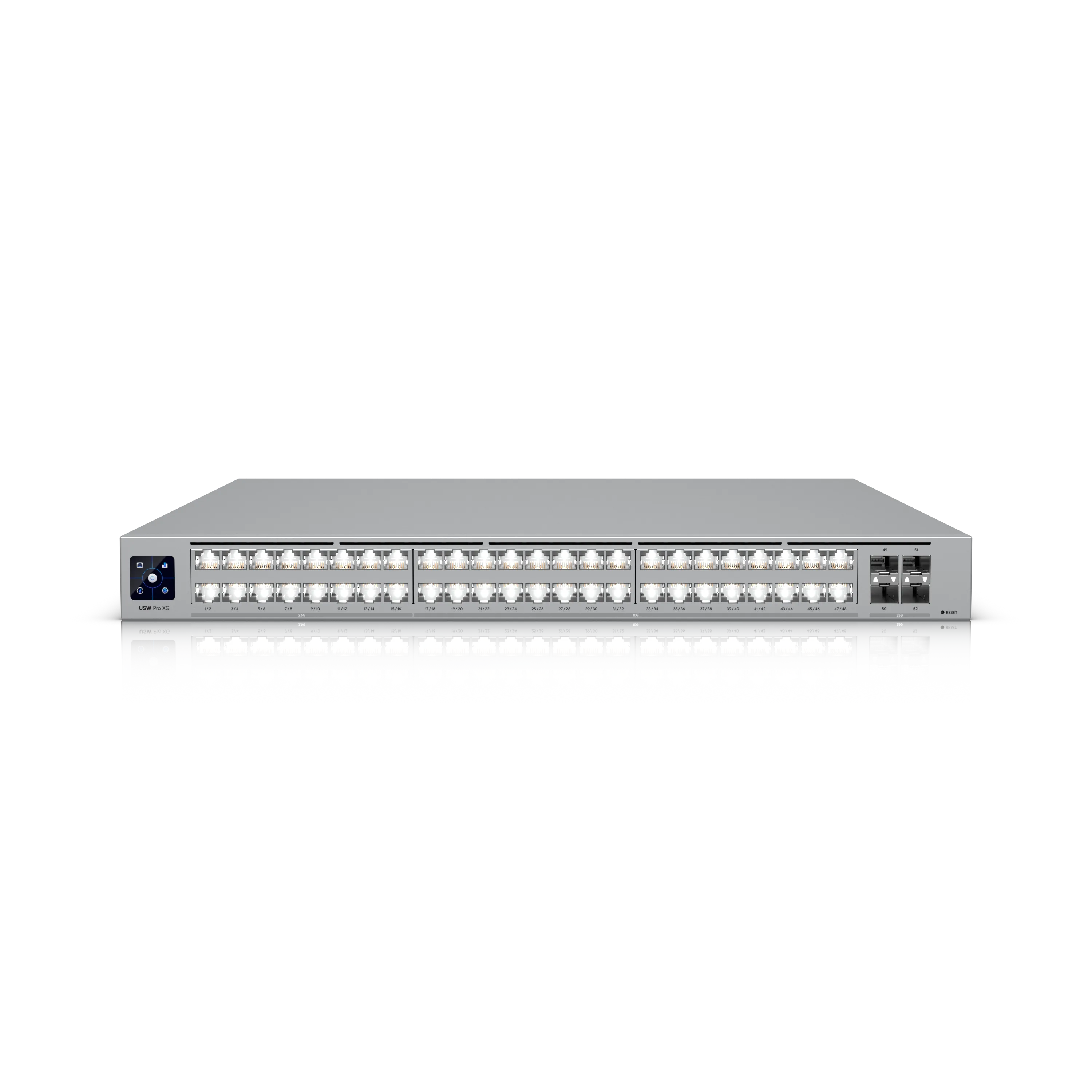 Commutateur Ubiquiti UniFi USW-Pro-XG-48 empilé en rack avec 48 ports SFP+ et écran LCD sur fond noir. Commutateur Ubiquiti UniFi USW-Pro-XG-48 empilé en rack avec 48 ports SFP+ et écran LCD sur fond noir.