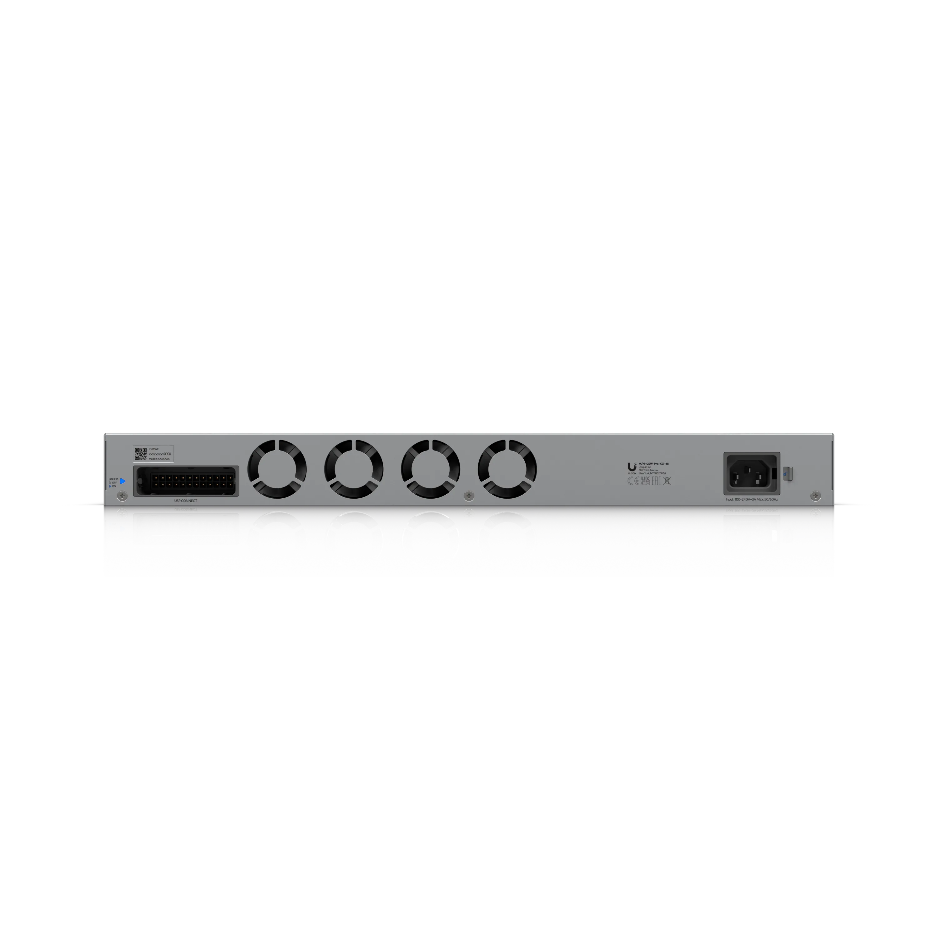 Commutateur Ubiquiti UniFi USW-Pro-XG-48 vu de l’arrière avec ports d’alimentation, ventilations et connecteur multipin en Commutateur Ubiquiti UniFi USW-Pro-XG-48 vu de l’arrière avec ports d’alimentation, ventilations et connecteur multipin en