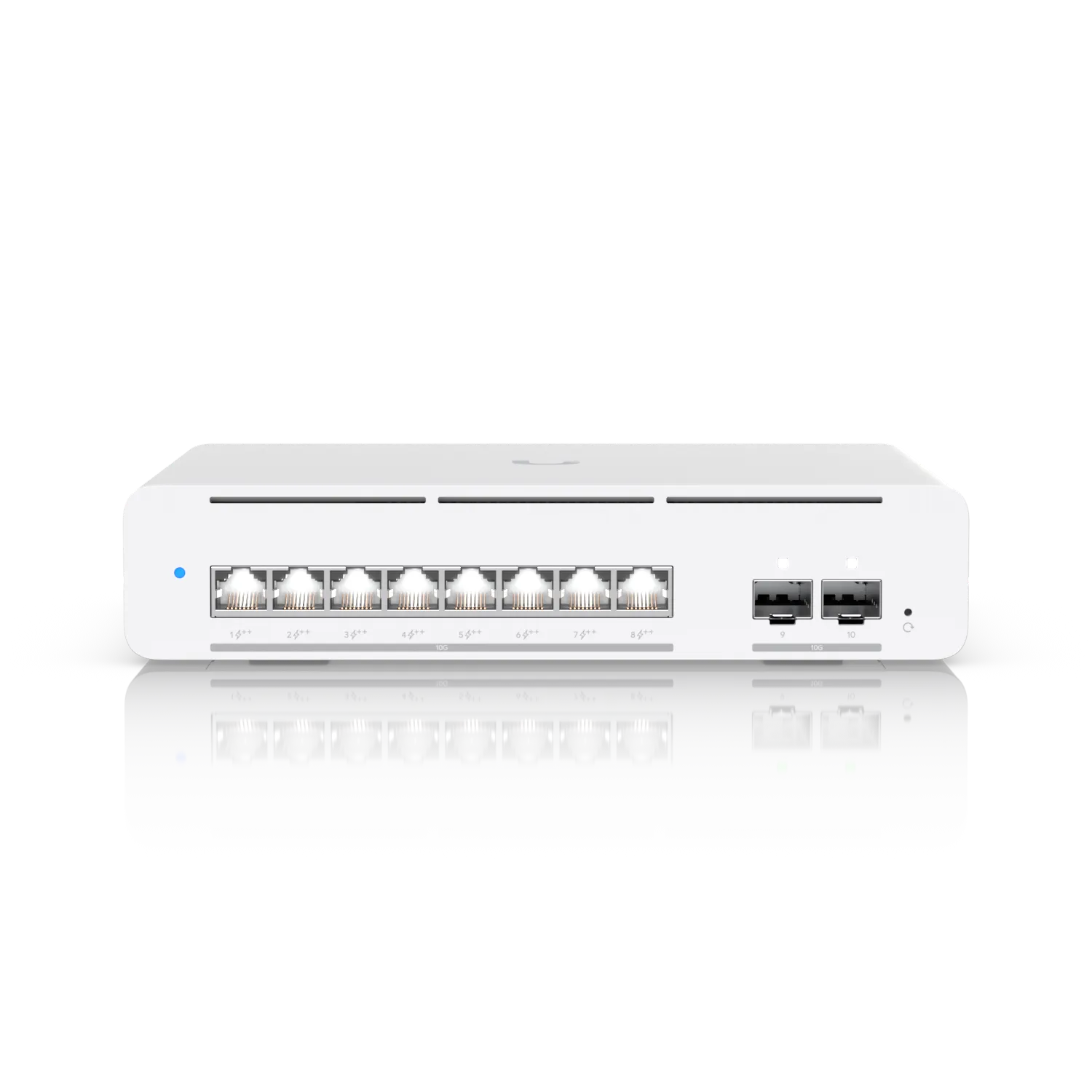 Ubiquiti UniFi Switch USW-Pro-XG-8-PoE 155W, front view of white rack-mount network switch with 8 PoE and 2 SFP+ ports,