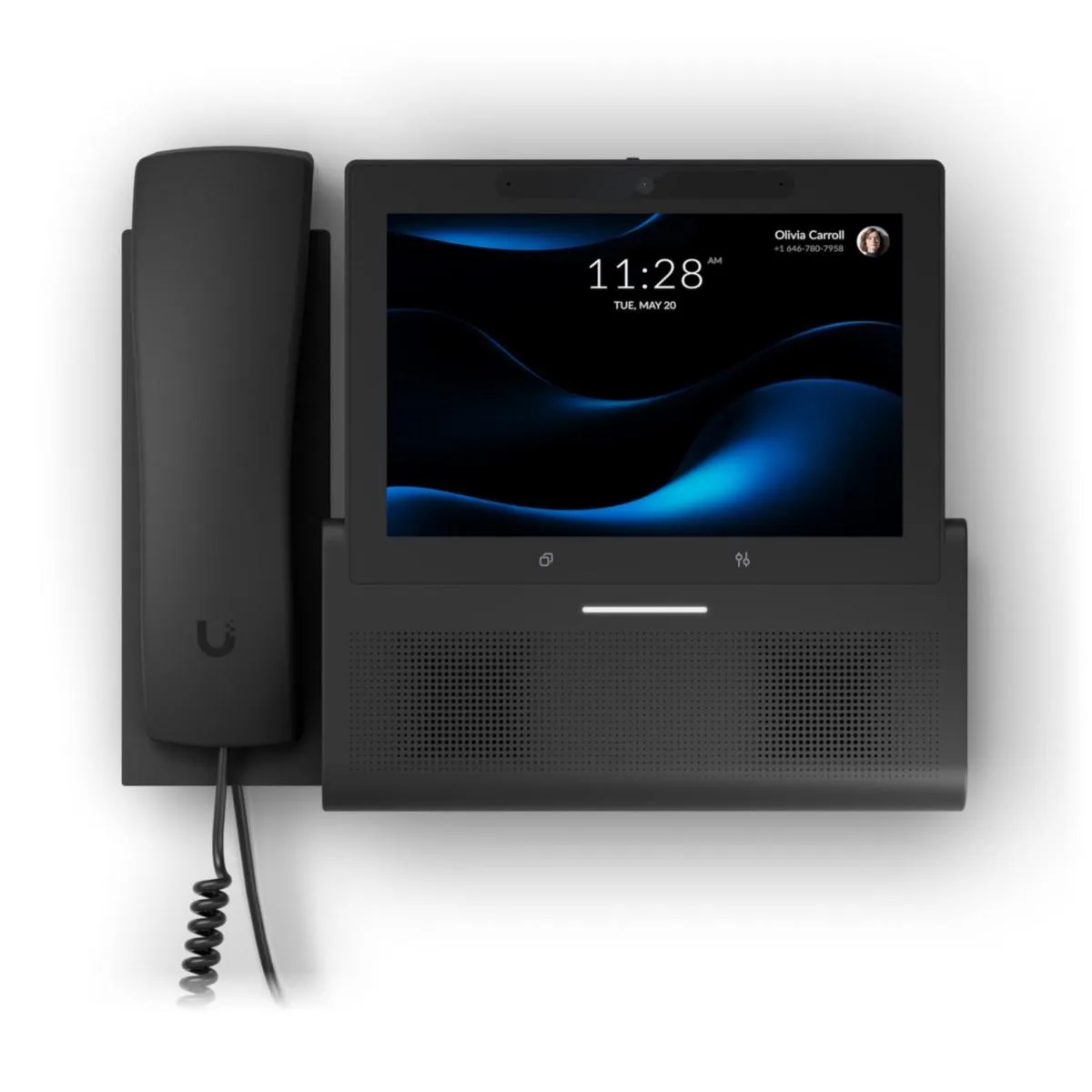 Ubiquiti UniFi Talk Phone G3 Touch Wall mit schwarzem Touchscreen, angedocktem Hörer und Anruferprofil auf Wandmontage.
