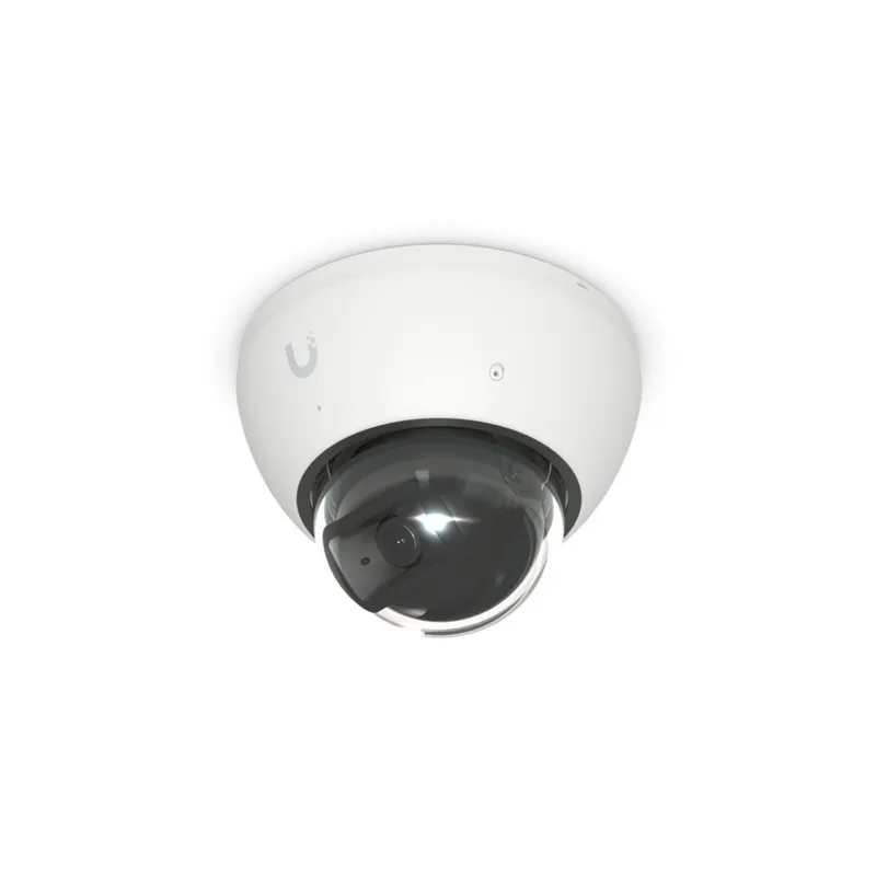 Ubiquiti UVC-AI-Dome 4K PoE-Kamera mit KI und IR-Nachtsicht von unten gezeigt mit weißem Gehäuse, grauem U-Logo und