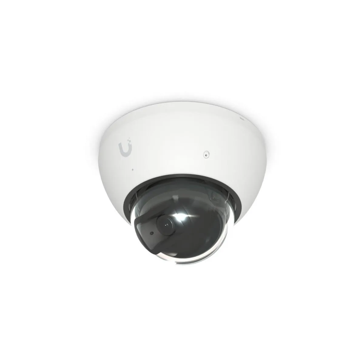 Ubiquiti UVC-AI-Dome 4K PoE-Kamera mit KI und IR-Nachtsicht von unten gezeigt mit weißem Gehäuse, grauem U-Logo und Ubiquiti UVC-AI-Dome 4K PoE-Kamera mit KI und IR-Nachtsicht von unten gezeigt mit weißem Gehäuse, grauem U-Logo und