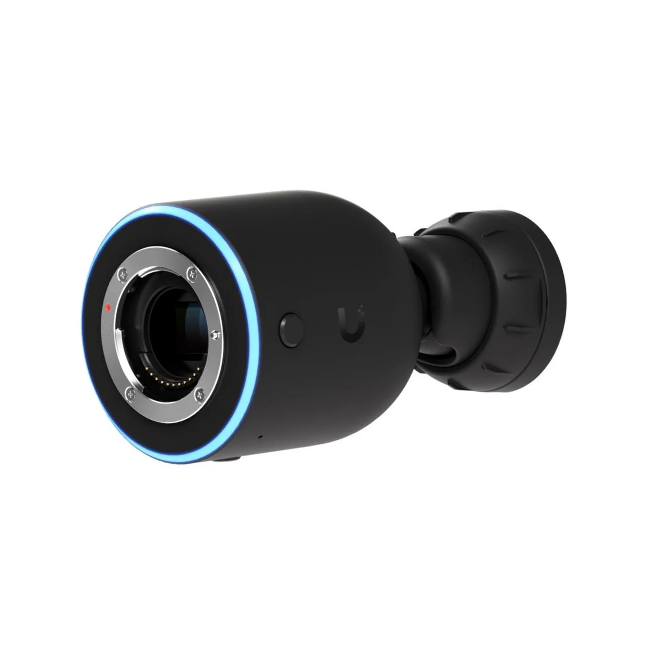 Ubiquiti UVC-AI-DSLR-LD security camera with blue LED ring on adjustable mount for outdoor surveillance. Ubiquiti UVC-AI-DSLR-LD security camera with blue LED ring on adjustable mount for outdoor surveillance.