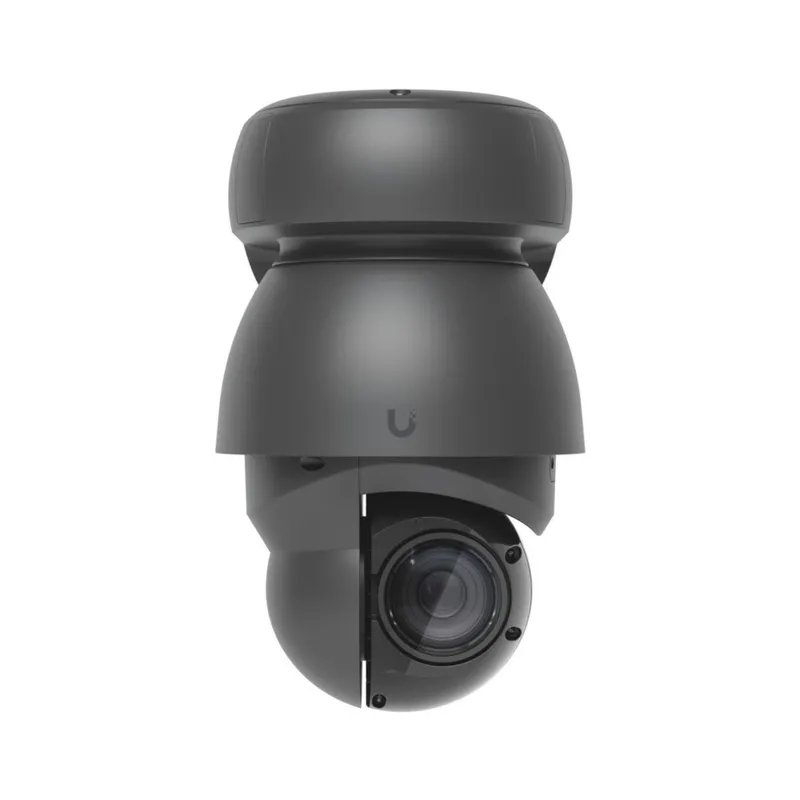Caméra PTZ industrielle Ubiquiti AI noire à dôme arrondi avec objectif visible et logo centré, conçue pour la