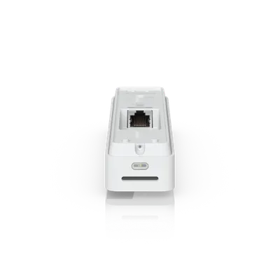 Ubiquiti UVC Doorbell Lite W PoE-Videotürklingel Rückansicht mit Ethernet-Port, Montagelöchern, LED-Statusanzeige und