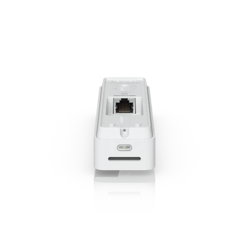 Ubiquiti UVC Doorbell Lite W PoE-Videotürklingel Rückansicht mit Ethernet-Port, Montagelöchern, LED-Statusanzeige und