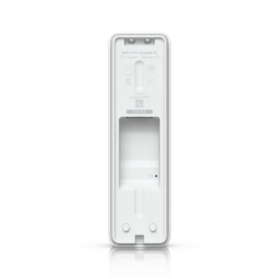 Weiße Ubiquiti UVC-Doorbell-W PoE-Videotürklingel Rückansicht mit Zertifizierungen, PoE-Eingang, Reset-Taste und