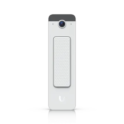 Weiße Ubiquiti UVC Doorbell Lite W PoE-Videotürklingel mit Kamera, Sensoren, strukturiertem Knopf und U-Logo in Frontansicht.