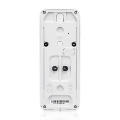 Ubiquiti G4 Doorbell Rückansicht mit weißem Gehäuse, vier Eckschrauben, zwei schwarzen Montageschrauben, UniFi-Logo und Ubiquiti G4 Doorbell Rückansicht mit weißem Gehäuse, vier Eckschrauben, zwei schwarzen Montageschrauben, UniFi-Logo und