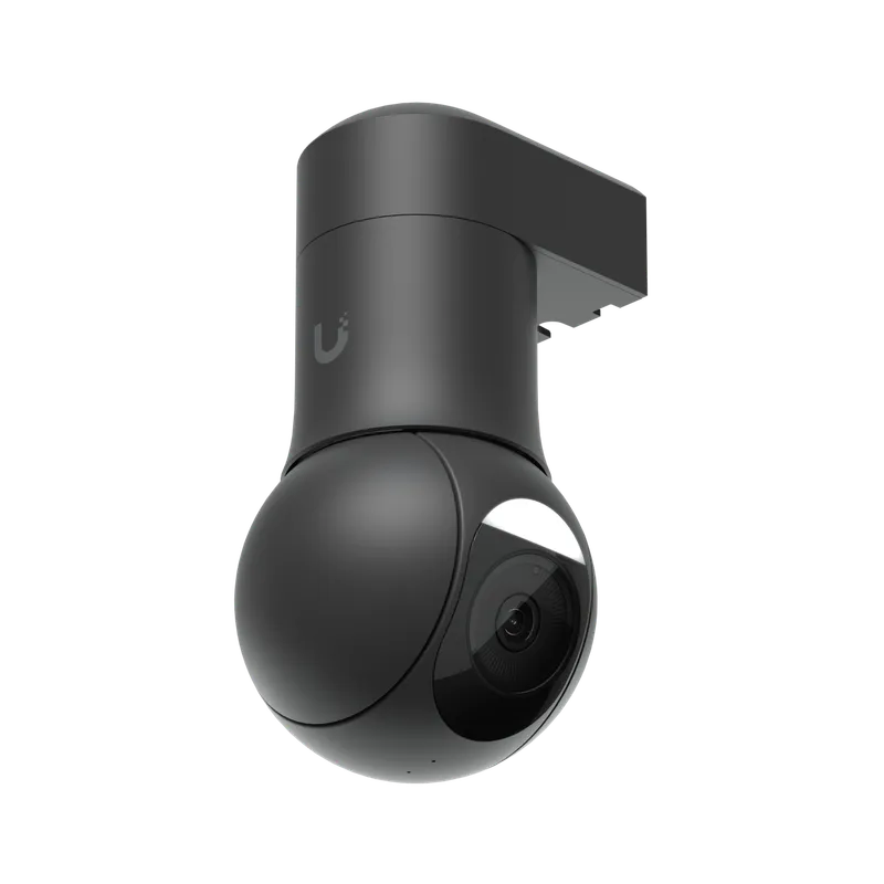 Ubiquiti UVC-G5-PTZ чёрная PTZ-видеокамера сферической формы на монтажном основании на чёрном фоне с логотипом.