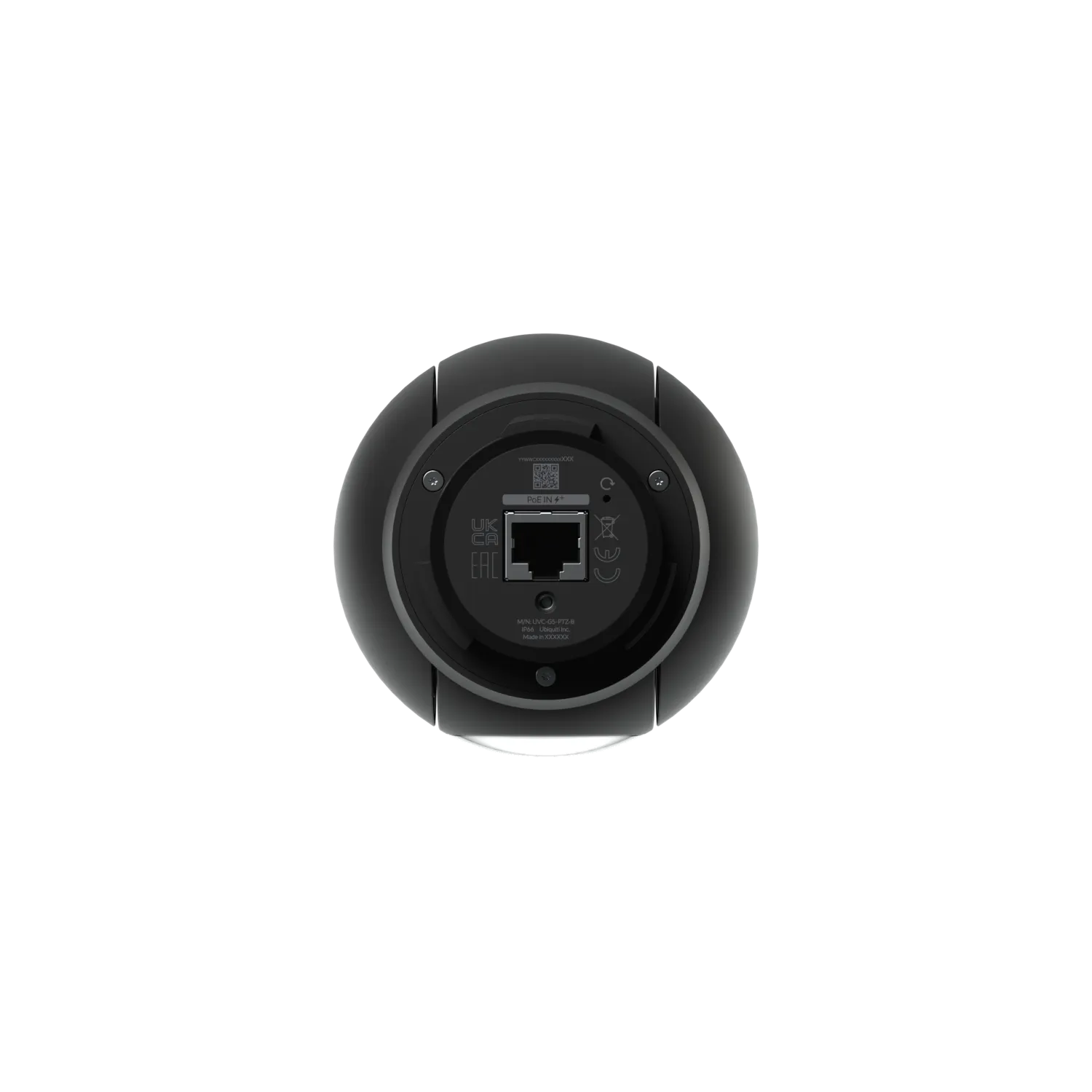 Ubiquiti UVC-G5-PTZ PTZ camera rear view with Ethernet port, QR code label, and regulatory markings for network security Ubiquiti UVC-G5-PTZ PTZ camera rear view with Ethernet port, QR code label, and regulatory markings for network security