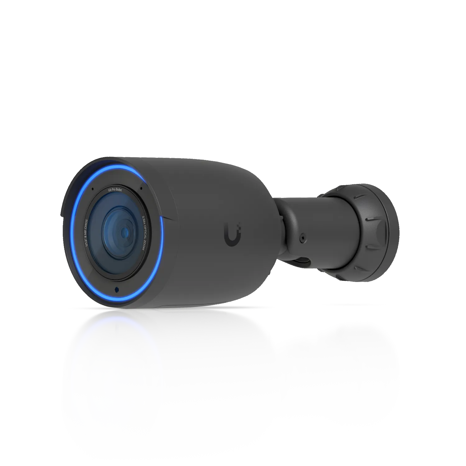 Ubiquiti UVC-G6-Pro-Bullet schwarze Überwachungskamera mit blauem LED-Ring und 7,5-fach optischem Zoom in Schrägansicht.