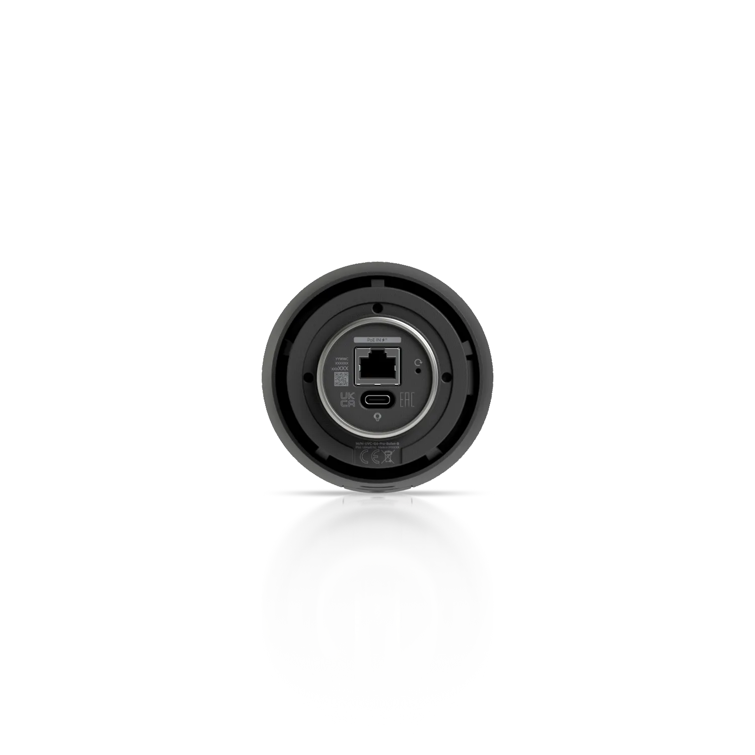Ubiquiti UVC-G6-Pro-Bullet Schwarz Rückansicht mit PoE-IN-4+-Ethernetanschluss, USB-C-Port, Reset-Pinhole und