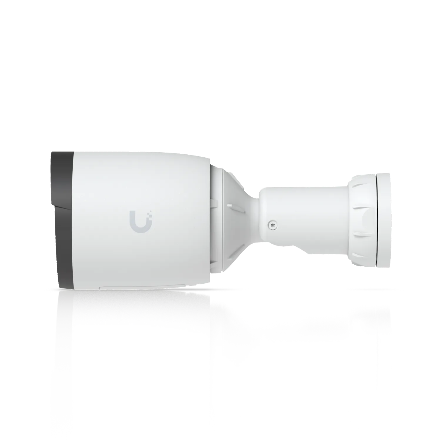 Ubiquiti UVC-G6-Pro-Bullet weiße Überwachungskamera mit grauer Objektivblende und verstellbarem Montagearm auf schwarzem
