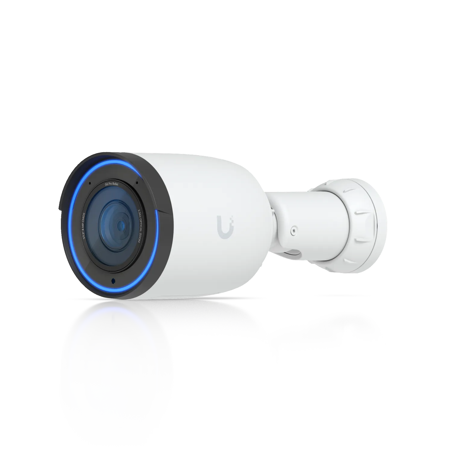 Ubiquiti UVC-G6-Pro-Bullet weiße Überwachungskamera mit blauem LED-Ring in Schrägansicht auf schwarzem Hintergrund mit