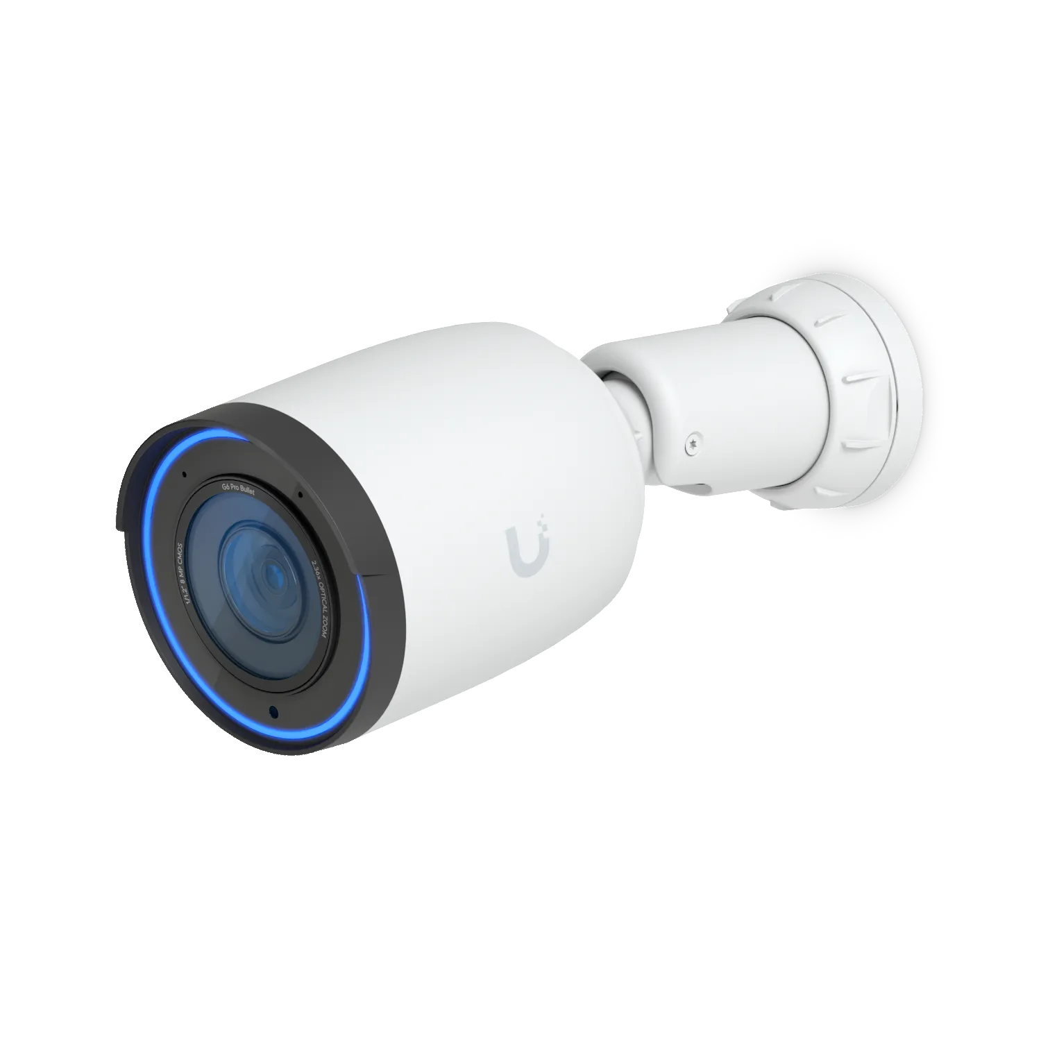 Ubiquiti UVC-G6-Pro-Bullet weiße Überwachungskamera mit blauem LED-Ring seitlich auf schwarzem Hintergrund.