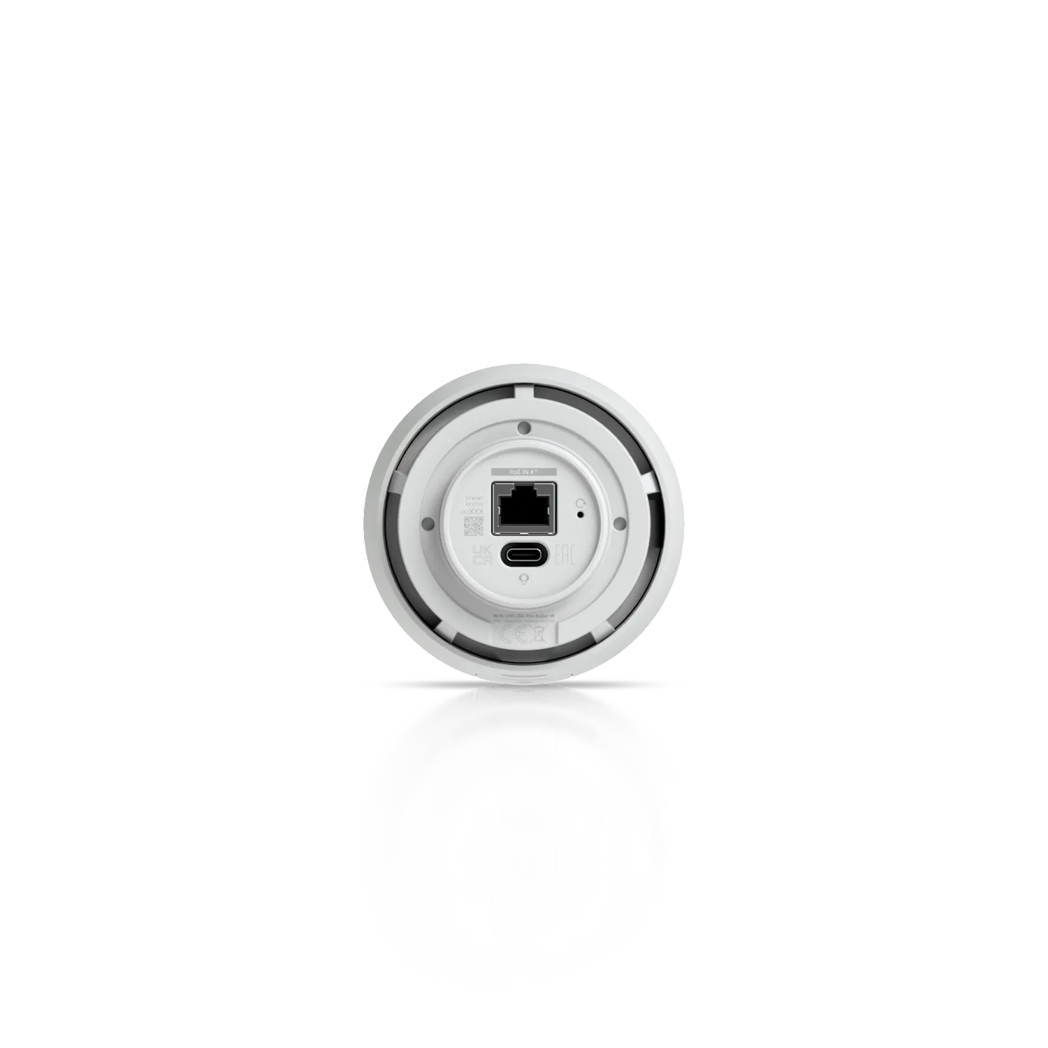 Ubiquiti UVC-G6-Pro-Bullet weiße Überwachungskamera Rückansicht mit Ethernet- und USB-C-Anschluss sowie QR-Code auf der