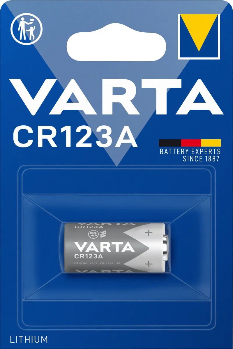 Литиевая батарея Varta CR123A в синей блистерной упаковке с логотипом и немецким флагом для фотоаппаратов и устройств.