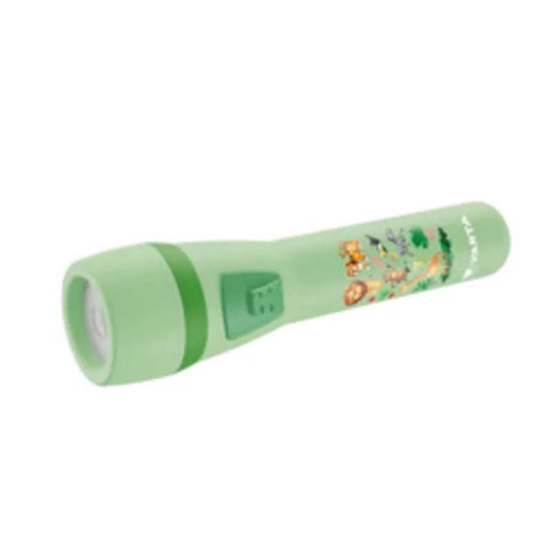 Детский фонарик Varta Taschenlampe Kids 2xAA с зелёным корпусом, мультяшными животными и боковым переключателем в