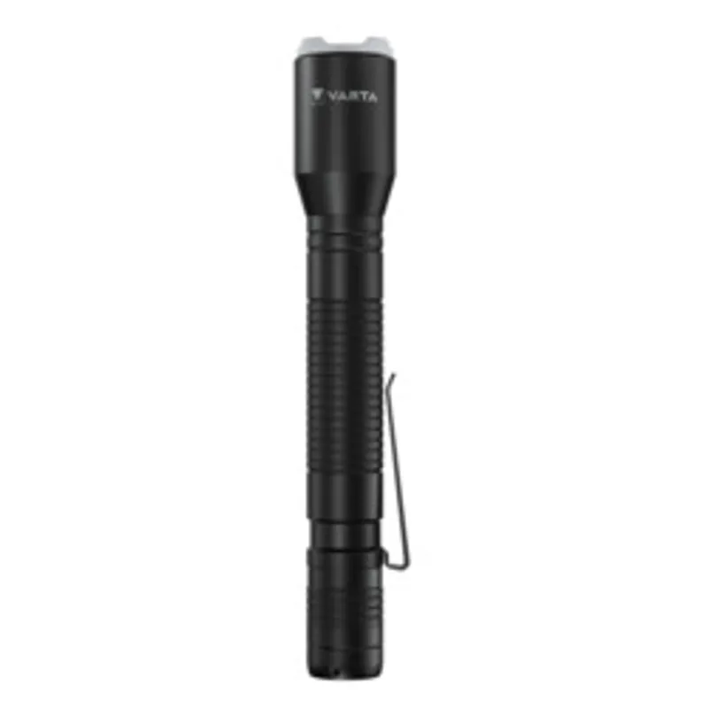 Varta Taschenlampe Aluminium Light F20 Pro 2AA, lampe de poche noire posée verticalement avec logo blanc, lentilles claires