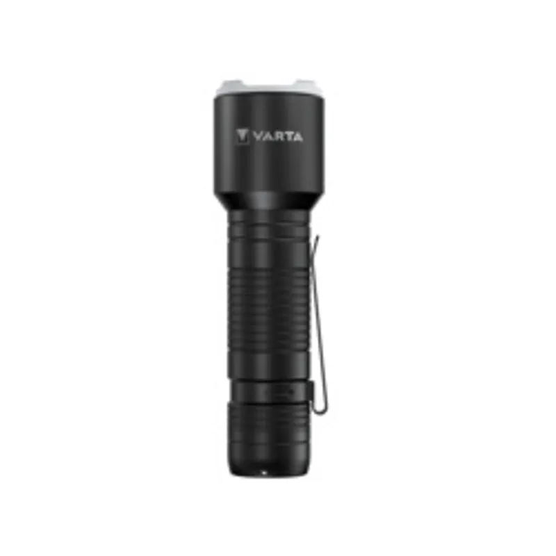 Varta Taschenlampe Aluminium Light F30 Pro 3AAA, linterna negra con textura antideslizante y clip metálico, mostrando el