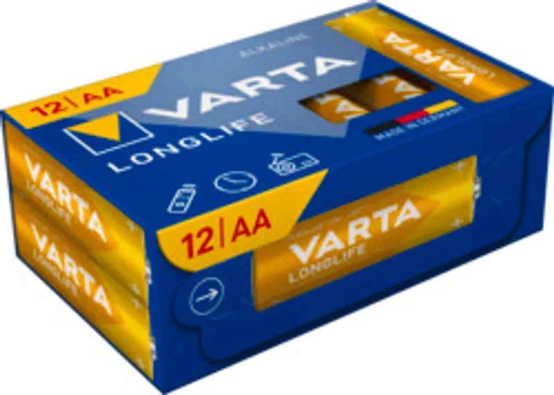 Сине-желтая картонная упаковка батареек VARTA Longlife AA, вид сверху под углом, показаны панели спереди и слева, логотип