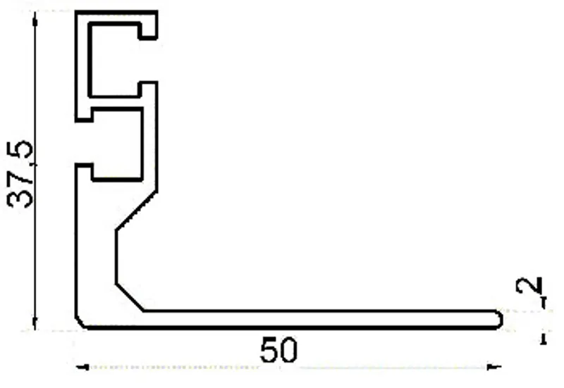 Vertiv(Knürr) Schrank gzub.L-Schiene T 900/1000 L=711mm Paarweise, technische Querschnittsdarstellung eines L-förmigen
