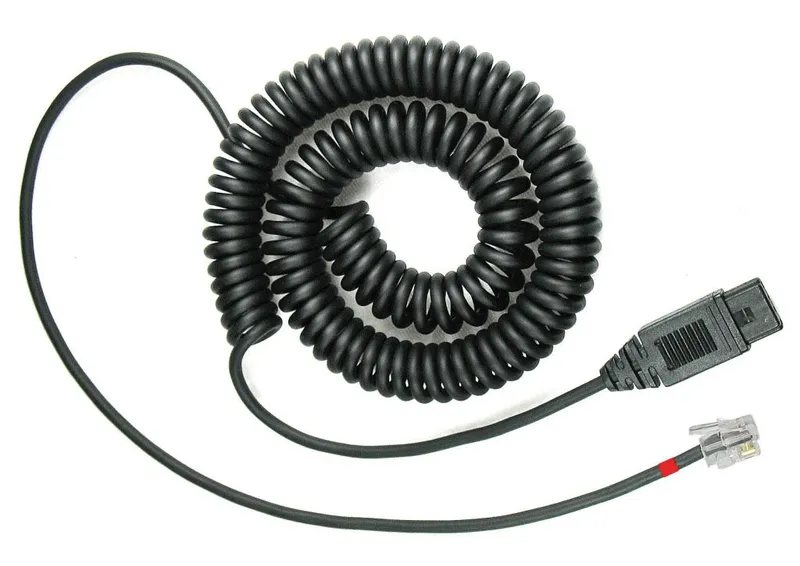 Cable VXI Kabel QD 1027P enrollado en espiral con conector rectangular negro y terminal RJ9 transparente con banda roja