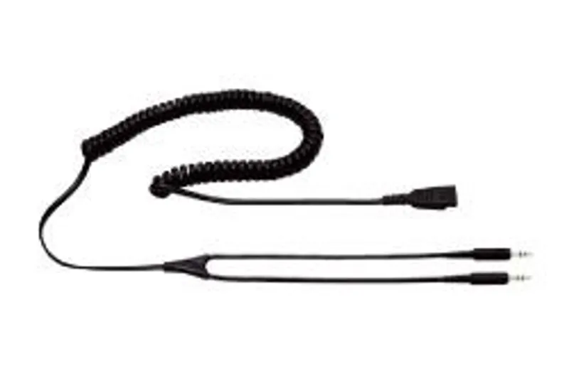Black VXI Kabel QD1030-G coiled audio cable with rectangular QD connector and dual 3.5mm stereo jacks on a white background.