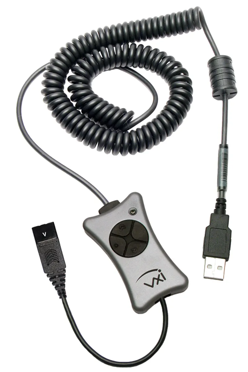 Adaptateur USB VXI X200-G avec boîtier de contrôle gris, boutons volume et mute, câble USB et connecteur QD pour casque.
