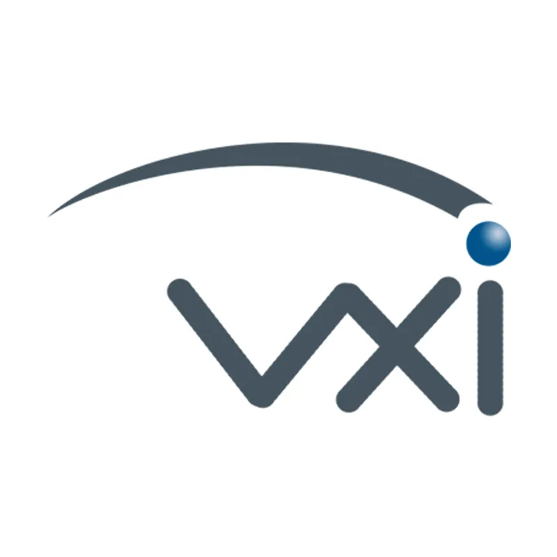 Logo VXI en gris avec arc courbé et sphère bleue sur fond blanc pour accessoires VR12 remplacement mousse écouteurs.