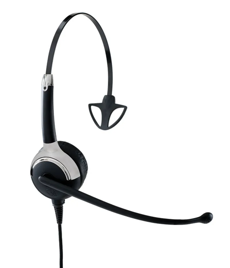 VXI Headset UC ProSet 10V mono headband headset with black ear cushion, silver-accented earpiece, adjustable boom mic, and