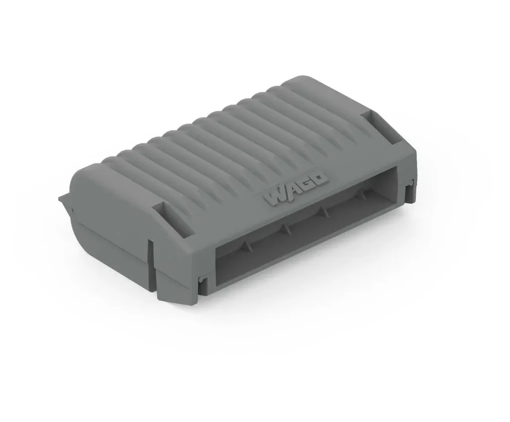 Wago Gelbox Serie 221, 2x73; graue rechteckige Kunststoffgehäuse mit aufgedrucktem WAGO-Logo und montierten Klemmen, IP68,