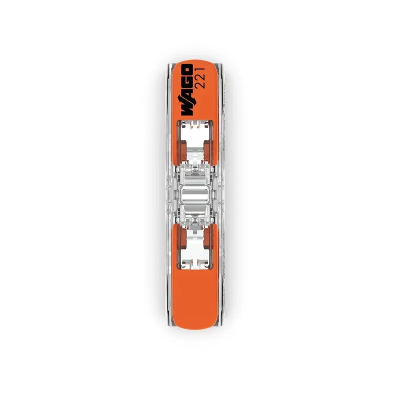 Wago Serie 221 - Durchgangsverbinder -2*4mm (60Stück), вертикальный вид сверху на один соединитель WAGO 221 с оранжевыми