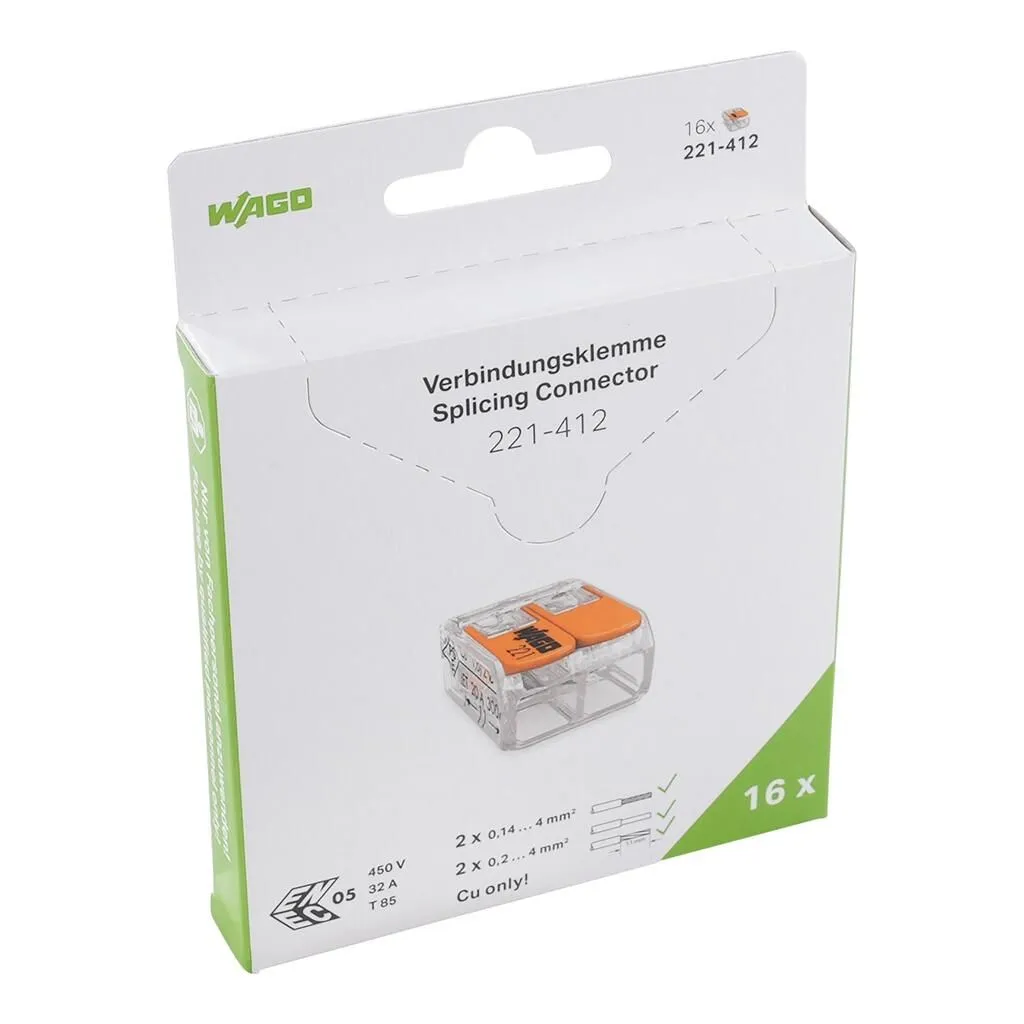 Коробка Wago Serie 221-412 с 16 шт. соединителей, белая с зелеными акцентами, вид спереди с изображением прозрачного