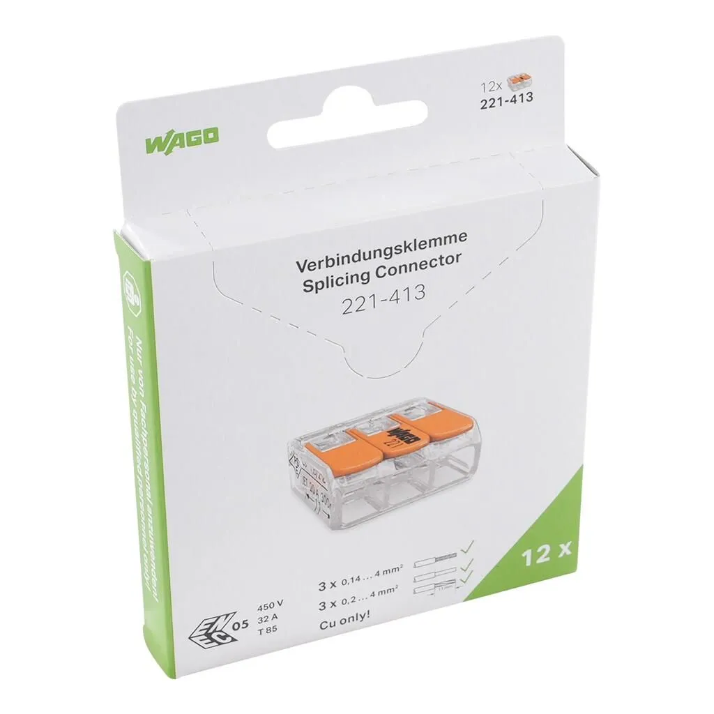 Wago Serie 221 connecteurs à sertir 3*4mm boîte blanche avec logo vert et illustration transparente des connecteurs orange