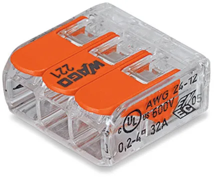 Wago Serie 221 connecteur électrique translucide avec trois leviers orange et ports de câbles visibles, boîte de 50 pièces