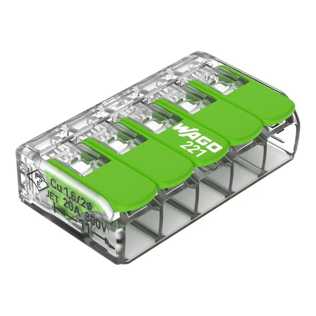 Wago Serie 221 - 5*4mm (25 Stück) Green Range, прозрачный прямоугольный соединитель с пятью зелеными рычагами, вид сверху,